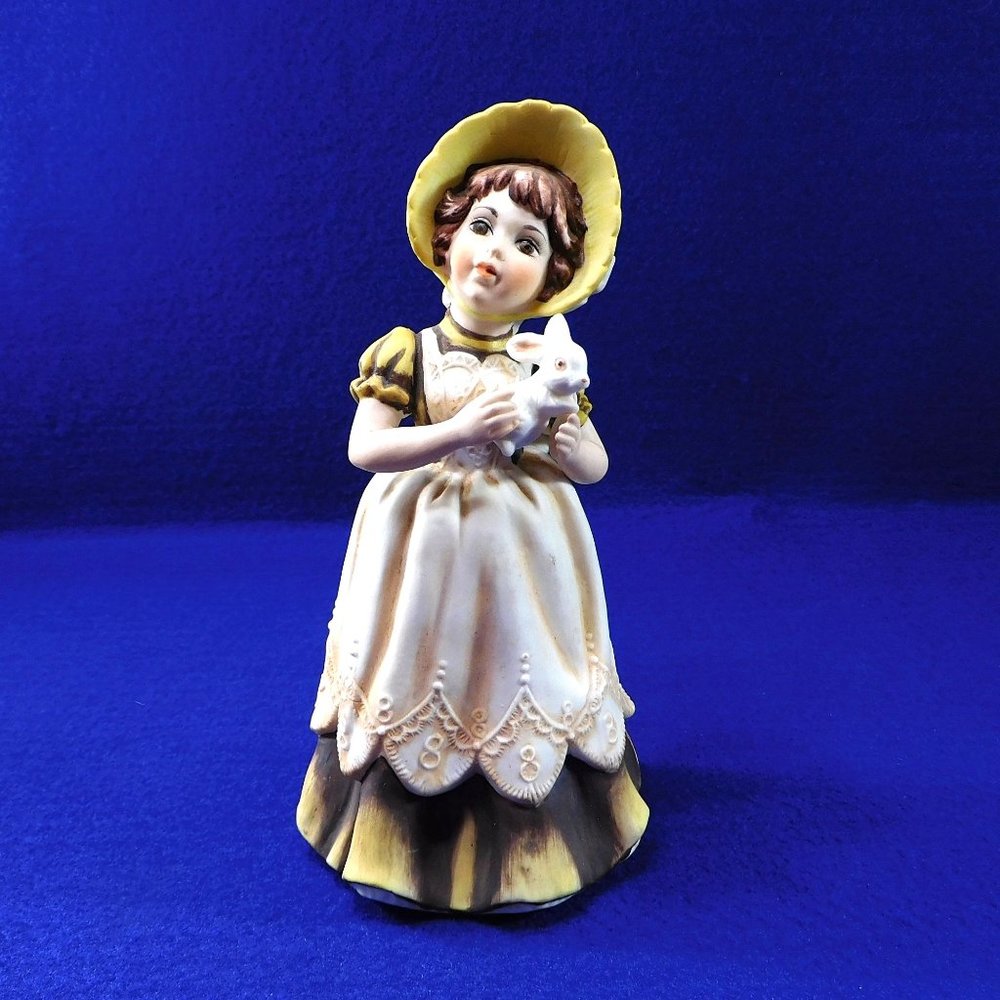 Vintage Enesco Girl Holding Rabbit Bunny Figurine Gold E9007 - 7.25"